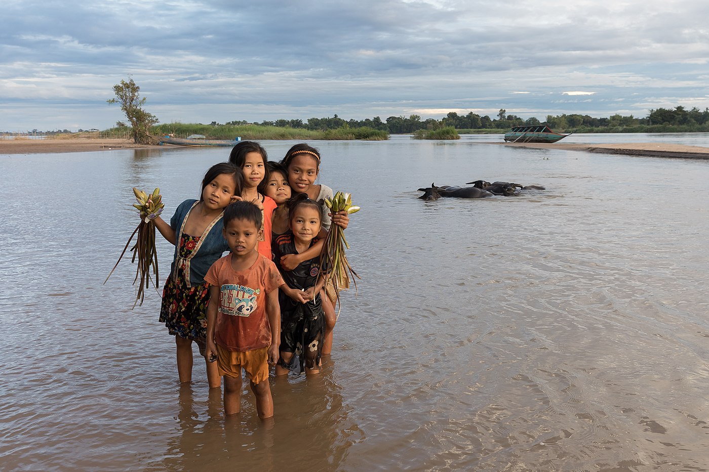 children standing in the Mekong river with lotus flower buds